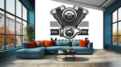 Motorcycle engine icon with vector motor bike or chopper vehicle two cylinder piston engine. Biker or racing sport club, garage, repair service and motorbike spare part shop isolated symbol design Wall mural