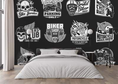 Motorcycle isolated icons of vector biker club and motorsport design. Motor bikes with wing, wheel and skull, rider, helmet, racing flag, wrench and spanner, engine, piston and fire flame emblems Wall mural