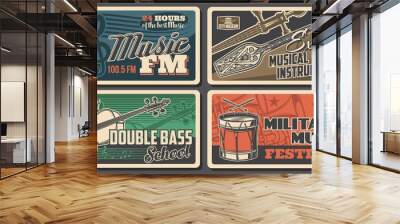 Music instruments posters, concert live festival, vector FM radio podcast microphone. Orchestra symphonic musical school, military music concert, Asian Oriental exotic folk music instruments museum Wall mural