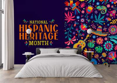 National Hispanic heritage month banner with tropical flowers. Ethnic celebration card, Mexican holiday banner or Hispanic heritage vector background with musical instruments, animals and flowers Wall mural