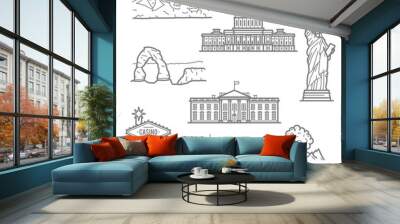 National landmarks of USA icons in thin line style Wall mural