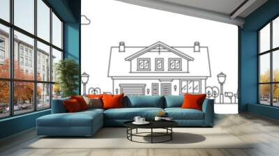 Neighborhood line art outline village or town house buildings. Neighborhood street mansion cityscape, town real estate property building panoramic view linear vector background with cottage houses Wall mural