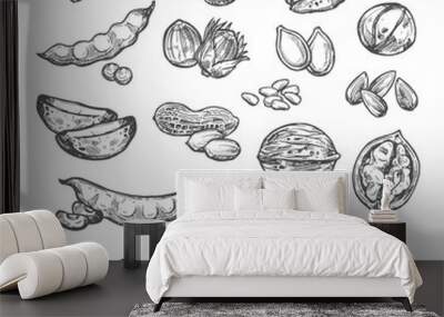 Nut, seed and bean sketch of healthy food design Wall mural