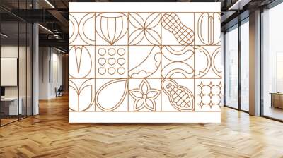 Nuts and beans modern geometric pattern with vector line almond, walnut, peanut and hazelnut. Abstract shapes background with outline chestnut, pecan and cashew, pistachio and acorn square tiles Wall mural