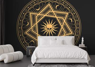 Occult and esoteric pentagram, magical tarot talisman, golden mason symbol with skull, sun and moon. Vector mystic symbol of alchemy and esoteric Wall mural