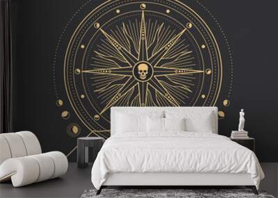 Occult pentagram, skull and spell book for magic tarot and esoteric vector symbol. Occultism, magic and witchcraft ritual cult sign of skull in hexagram star with sun and moon constellation circle Wall mural