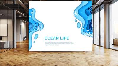 Ocean underwater animal and seaweed silhouettes, landing page sea paper cut landscape. Under water vector background with blue waves, fish shoal, dolphin and sea turtle, ocean life website template Wall mural