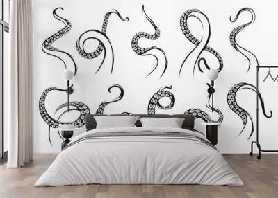 Octopus tentacles. Kraken squid monster tattoo. Ocean scary monster or fantasy sea deep creature arm, isolated monochrome vector octopus curved, spiral tentacles with suckers Wall mural