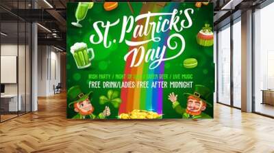 Patricks Day leprechauns dancing and sliding down on rainbow with gold. Green shamrock or clover leaves, pot of golden coins and Irish flag, treasure and beer. Party invitation vector design Wall mural