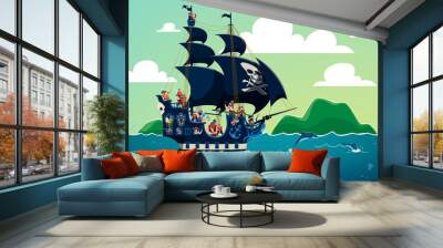 Pirate sail ship with corsair sailors, captain and boatswain characters, cartoon vector. Pirate ship or boat with Jolly Roger flag and corsairs aboard sailing to Caribbean adventure to treasure island Wall mural