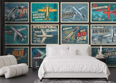 Plane and aviation retro posters, pilot school and aircraft flights, vector. Airplane museum show, aviators academy and air travel service for intercontinental flights and transportation company Wall mural