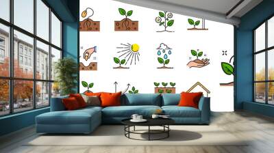 Plant sprout line icons, soil with seed, sprig and green leaves, agriculture, horticulture and agronomy. Plant and tree growing vector outline signs of garden soil, sprouts, seedlings and saplings Wall mural