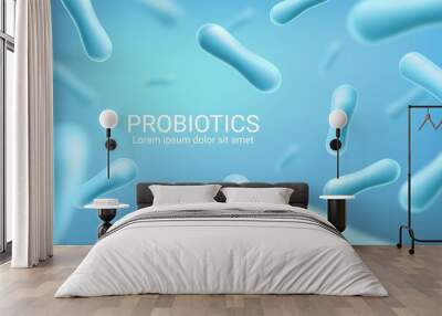 Probiotic bacteria, lactobacillus acidophilus and bifidobacterium lactis 3d vector background. Blue bacillus, good bacteriums and microbes microscopic view of bifidobacteria, gut flora probiotics Wall mural