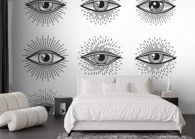 Providence illuminati eye. Tattoo, esoteric occult symbol of freemason. Vector spiritual, magic and mystic all seeing eye of God signs set of freemasonry conspiracy, alchemy or occult religion amulet Wall mural