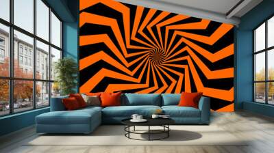 Psychedelic Halloween spiral pattern in vibrant black and orange colors. Bold vector swirl, intense, dynamic spooky and trippy motion optical illusion effect with twisting lines and geometric shapes Wall mural