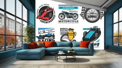 Racing and motorsport icons, motorcycle and car rally races, speedway and motocross vector emblems. Motor sport races club team, tournament cup, wheel, sportcar racetrack and finish flag signs Wall mural