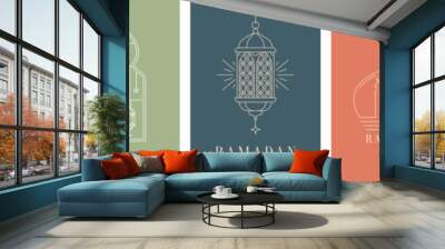 Ramadan Kareem greetings with Muslim mosque, crescent moon, stars and Arabian lanterns, vector banners. Islam religious holiday Ramadan Kareem in thin line art mosque and Arabic lantern lamps Wall mural