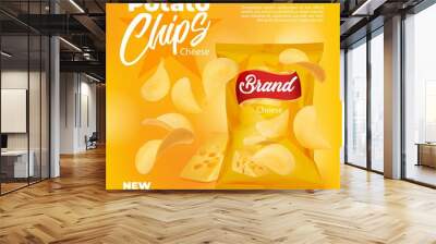 Realistic cheese flavored potato chips on snacks food package, vector salty chips yellow bag. Potato chips pack or product background for advertising design, crispy chips with cheese flavor taste Wall mural