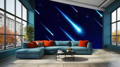 Realistic comets and asteroids, shooting space stars with trails in sky. 3d vector bolides with blue luminous traces streak across night heaven. Cosmic fireball, meteor, meteorites in galaxy or cosmos Wall mural