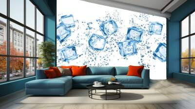 Realistic ice cubes and blue water drop splash, kitchen skinali background. Isolated vector iced crystal blocks, transparent 3d pieces of blue frozen water. Panoramic scene for glass panel, wallpaper Wall mural