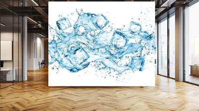 Realistic ice cubes and water wave splashes. Frozen vector crystals in transparent liquid splashing. Freeze melting ice blocks and scatter droplets. Isolated 3d water flow with splatters Wall mural