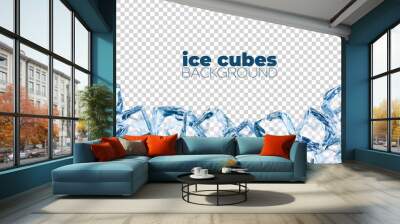 Realistic ice cubes background, crystal ice blocks frame, isolated border of blue transparent frozen water cubes. 3d vector glass or icy solid pieces for drink ad with clean square blocks Wall mural