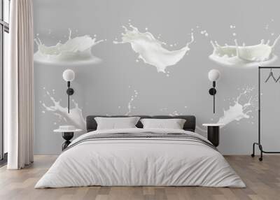 Realistic milk splashes or wave with drops and splatters. Liquid swirls and drips in shape of crown, liquid flow streams. Milky or dairy fresh product realistic 3d elements isolated set Wall mural