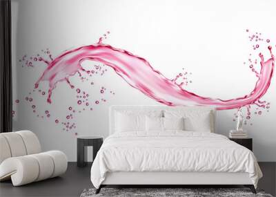 Realistic pink water wave splash, isolated 3d vector juice or wine flow or swirl with drops. Liquid alcohol or refreshing drink splashing, transparent beverage dynamic motion with spray droplets Wall mural