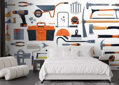 Repair, construction and building vector tools. Toolbox and hammer, screwdriver and drill, spanner, wrench, paint brush and roller, pliers, helmet and trowel, screw and hacksaw, planer, tile cutter Wall mural