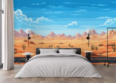 Retro 8 bit pixel american or mexican desert road landscape with cactuses. Pixel art game vector background of empty canyon highway road with mountains on the horizon, sand and rocks under blue sky Wall mural