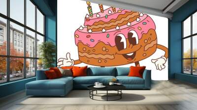 Retro cartoon groovy birthday character. Holiday cake vintage personage with burning candles and pink frosting or cream. Isolated vector sweet festive dessert, delightful tasty celebration pastry food Wall mural