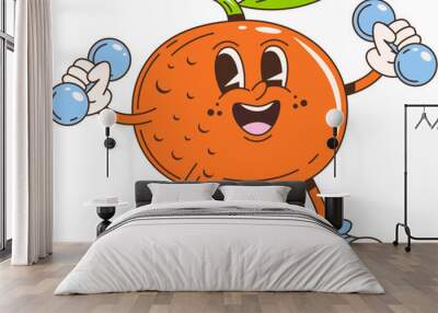 Retro cartoon groovy tangerine fruit character. Isolated vector cheerful orange fruit with a green leaf on top, lifting dumbbells. energetic, happy and healthy personage promotes fitness and vitality Wall mural