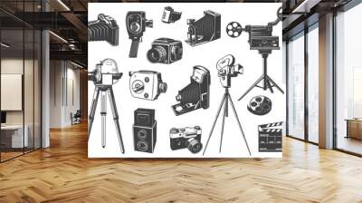 Retro photo and movie cameras on tripod vector set Wall mural