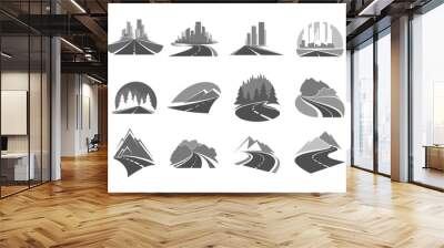 Road icons, highway to city, forest and mountains, way and traffic route, vector icons. Road signs of travel, tourism and highway construction service, transport pathway drive and cityscape Wall mural