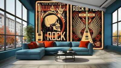 Rock fest posters and flyers, concert music band festival, vector grunge vintage skull and electric guitar with wings. Hard rock and live music concert fest show, drums and loudspeakers in fire flame Wall mural