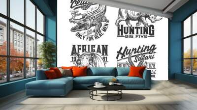 Safari hunting club t shirt prints, animals trophy, hunter sport vector icons. African safari hunt wild animal heads of crocodile, rhinoceros, hippopotamus and gazelle, savanna wild nature adventure Wall mural