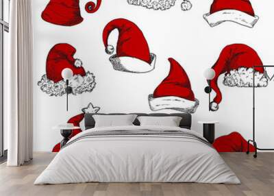 Santa christmas red hats set Wall mural