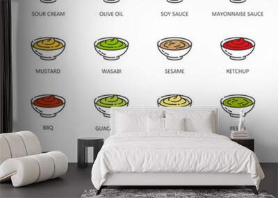 Sauce icons, ketchup BBQ, mayonnaise and mustard in bowls, vector fast food dressing. Sauce bowl line icons of mayo, tomato and soy sauce for barbecue, sour cream, spicy chili and cheese flavor dip Wall mural