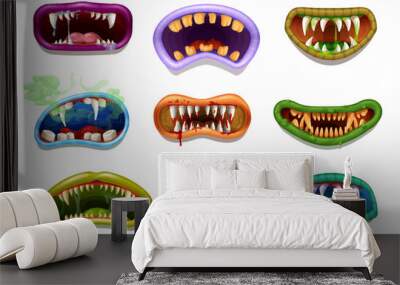 Scary and creepy drool monster grin jaws and mouths. Vector smiles, teeth and tongues. Cartoon horror faces of Halloween demon, devil, alien beast or vampire with bloody lips, bad smell, slime Wall mural