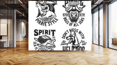 Shark, turtle, doberman and pirate captain skull mascots, vector t-shirt prints. Sea sport club, ocean marine adventure team or summer beach travel badges for T shirt prints with slogans Wall mural