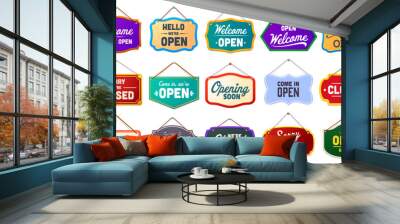 Shop notice signboard, open and closed board signs. Isolated vector displays signaling business availability. Informative banners conveying essential details about the store, for attracting customers Wall mural