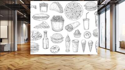 Sketch fast food isolated vector icons pizza, popcorn, nachos and taco with soda drink. Ice cream, donut and cupcake burritos and burger with hot dog and french fries junk meals, street fastfood set Wall mural