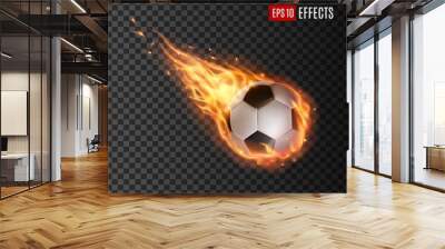 Soccer ball with fire tongues, vector football ball falling in flame blaze. Realistic 3d sport inventory, competition or tournament promotion, sports design element isolated on transparent background Wall mural