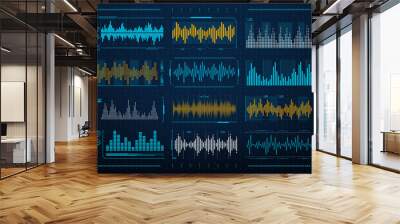 Sound waves frequency, audio music digital equalizer, vector HUD interface. Voice soundwave or radio signal line waveform and recorder or music player volume level with waves of sound on scale Wall mural