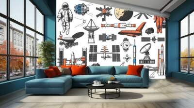 Space icons of rocket, spaceman and planets satellites, vector galaxy exploration. Lunar rover and spaceship shuttle, orbital station and meteor asteroids, cosmodrome spacecraft launch pad and sputnik Wall mural