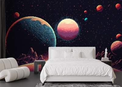 Space landscape AI generated 8bit pixel game scene Wall mural