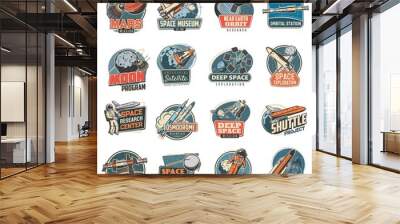 Space vector retro icons mars mission, space museum and near earth orbital station, moon program, artificial satellite and deep space exploration. Research center, cosmodrome and shuttle project set Wall mural