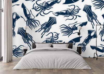 Squid seafood fishing vector seamless pattern Wall mural