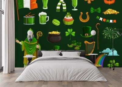 St Patricks Day vector symbols, Irish leprechaun and pot with gold coins, shamrock or clover leaves, green beer and lucky horseshoe, hat, boots, orange beard and rainbow. Ireland holiday Wall mural