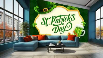 St. Patrick Day cartoon vector poster with shamrock, green hat, gold horseshoe and pint of Ireland ale around of lettering on checkered background. Saint Patricks traditional festival, celtic party Wall mural